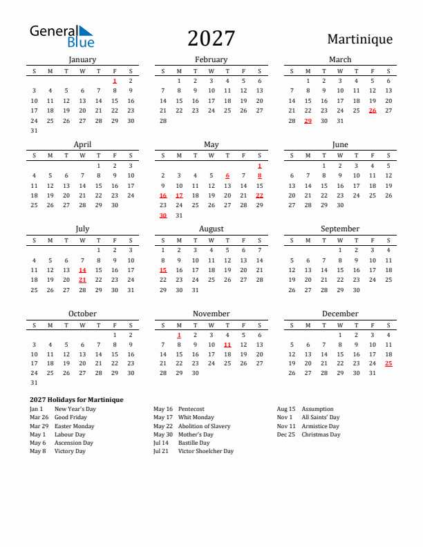 Martinique Holidays Calendar for 2027