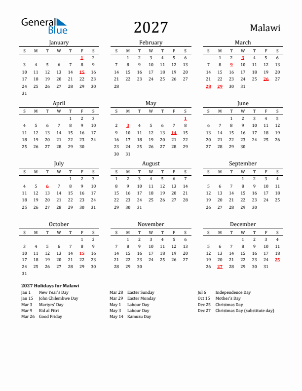 Malawi Holidays Calendar for 2027