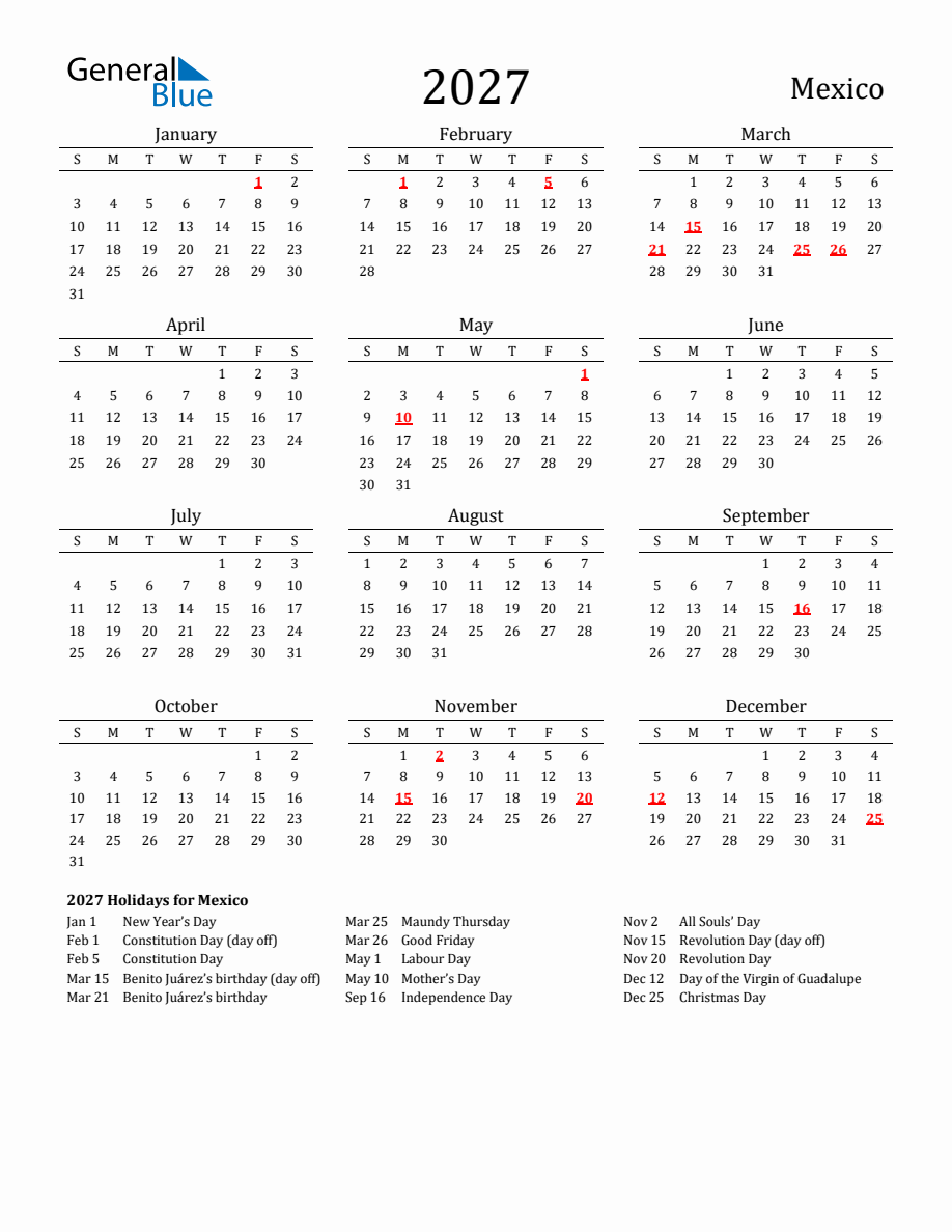 Free Mexico Holidays Calendar for Year 2027