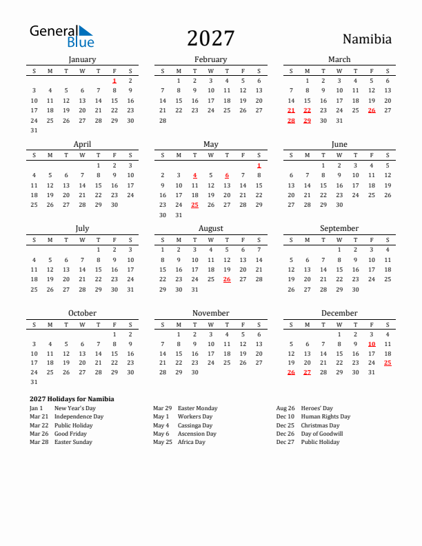 Namibia Holidays Calendar for 2027