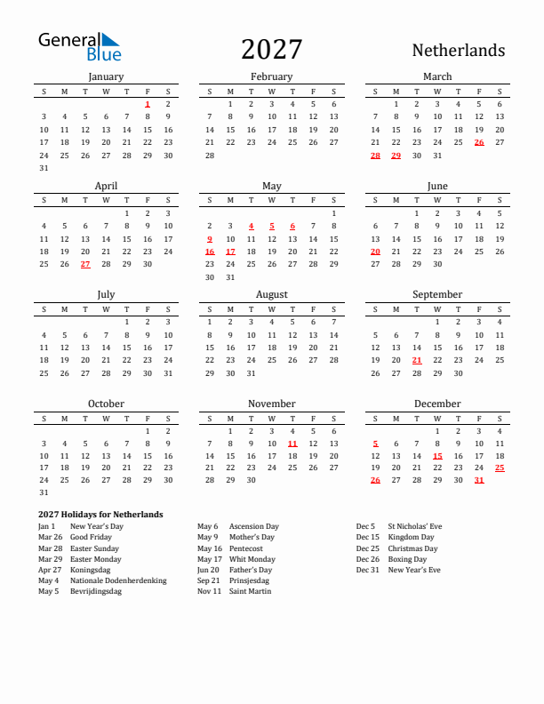 The Netherlands Holidays Calendar for 2027