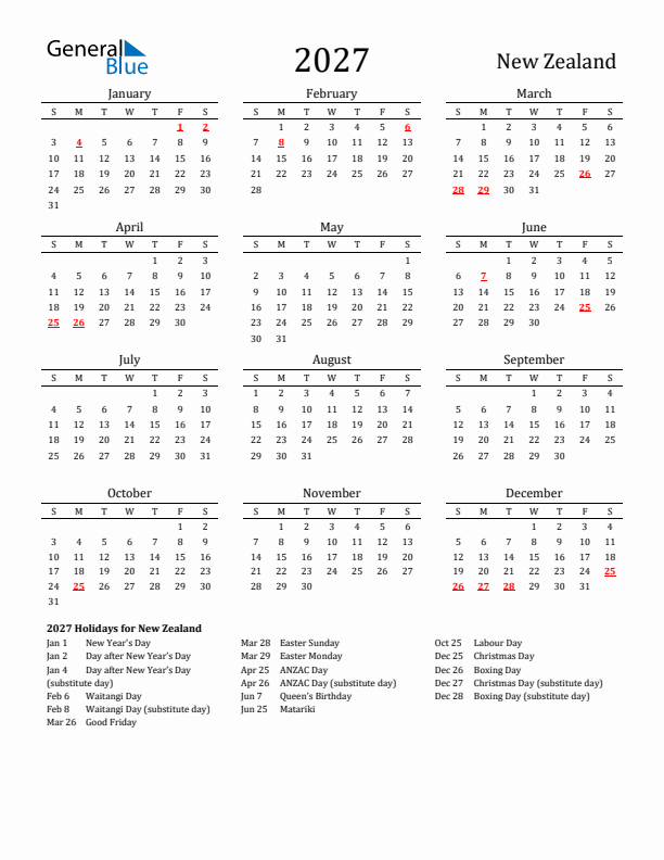 New Zealand Holidays Calendar for 2027