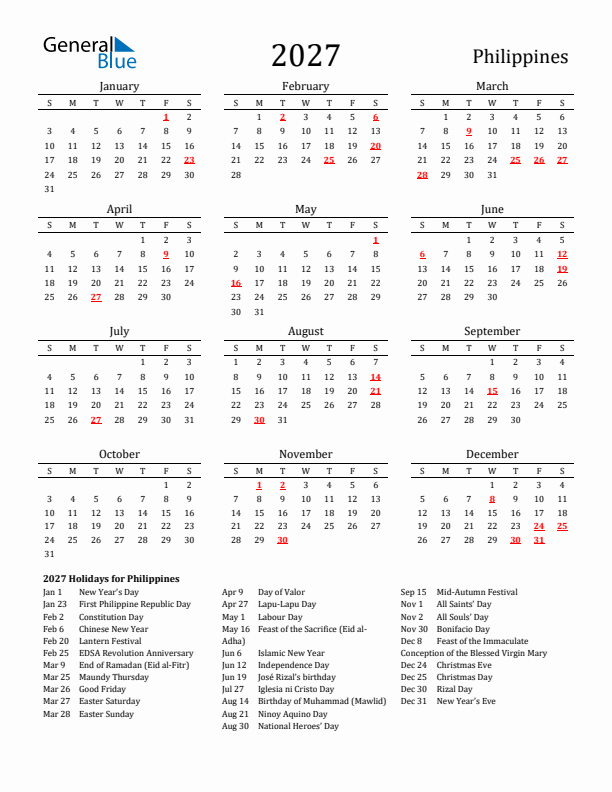 Philippines Holidays Calendar for 2027