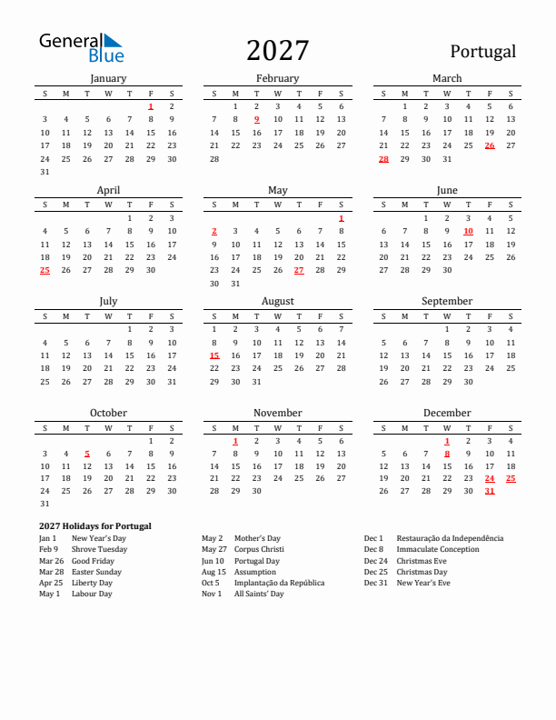 Portugal Holidays Calendar for 2027