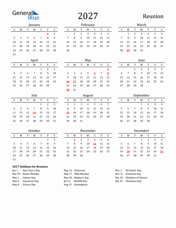 Reunion Holidays Calendar for 2027