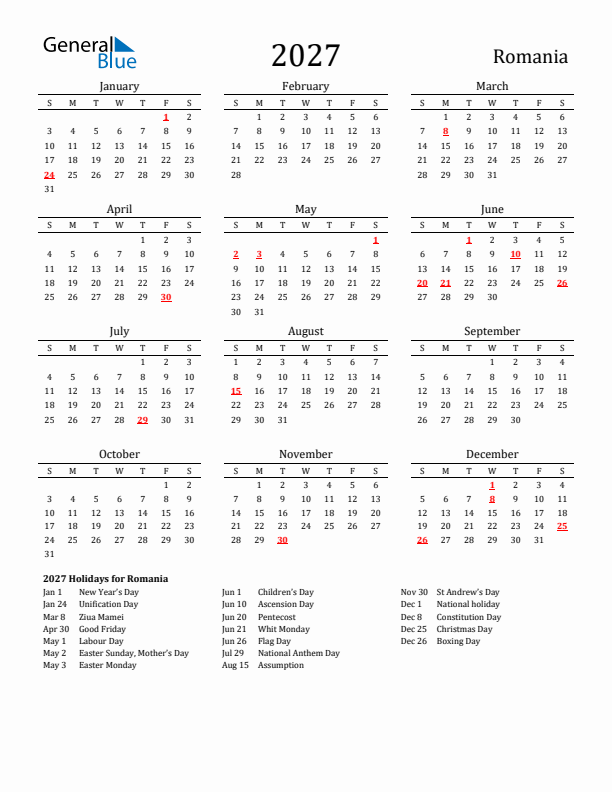 Romania Holidays Calendar for 2027