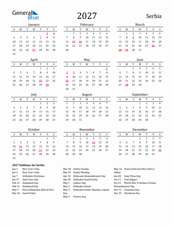 Serbia Holidays Calendar for 2027