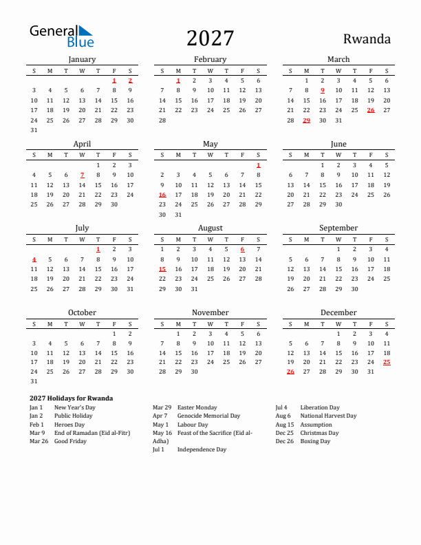 Rwanda Holidays Calendar for 2027