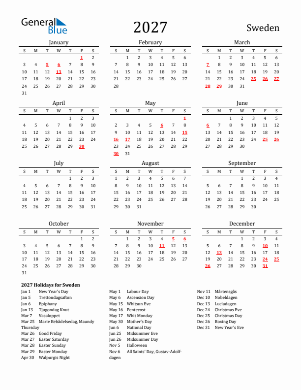 Sweden Holidays Calendar for 2027
