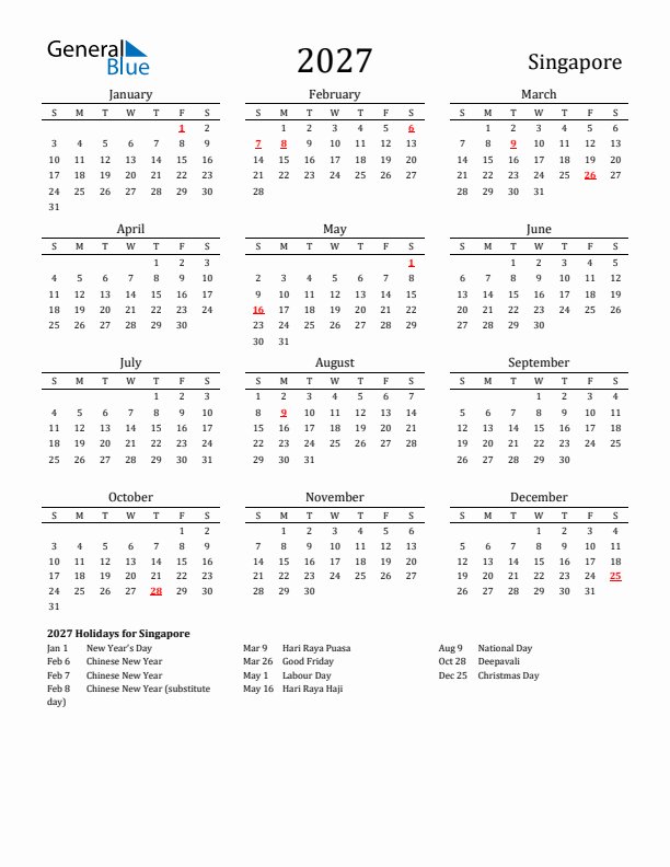 Singapore Holidays Calendar for 2027
