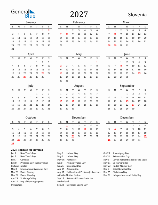 Slovenia Holidays Calendar for 2027