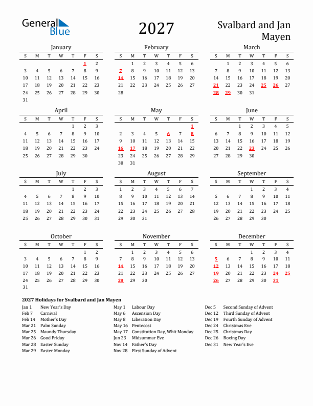 Svalbard and Jan Mayen Holidays Calendar for 2027