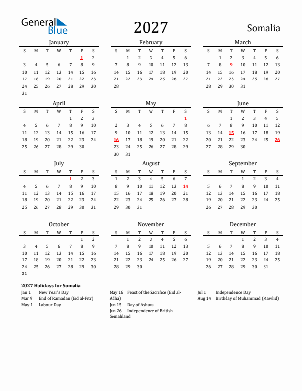 Somalia Holidays Calendar for 2027