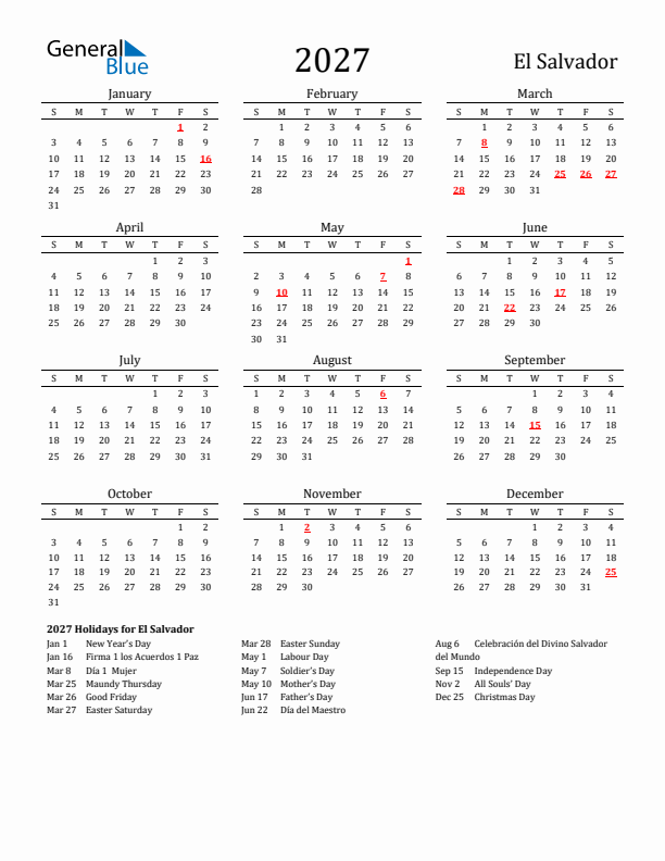 El Salvador Holidays Calendar for 2027