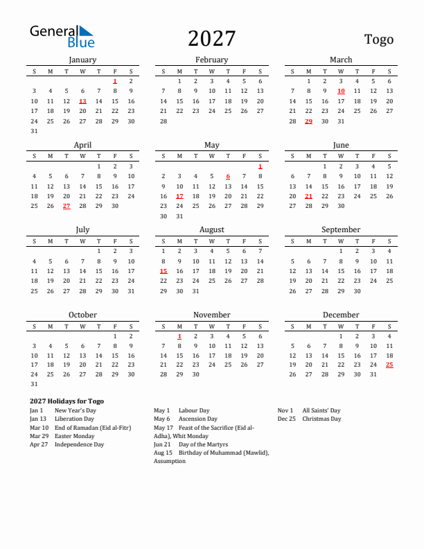 Togo Holidays Calendar for 2027
