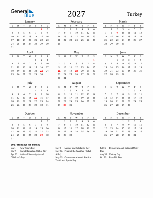 Turkey Holidays Calendar for 2027