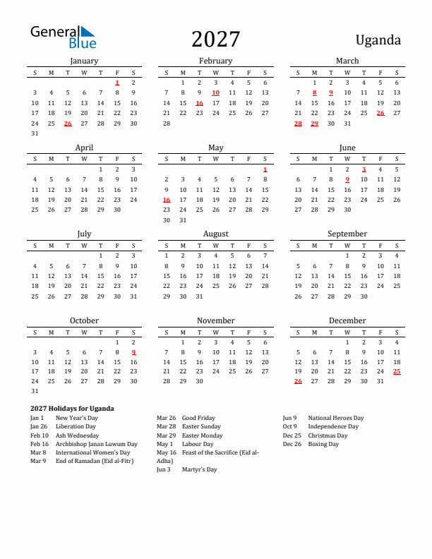 Uganda Holidays Calendar for 2027