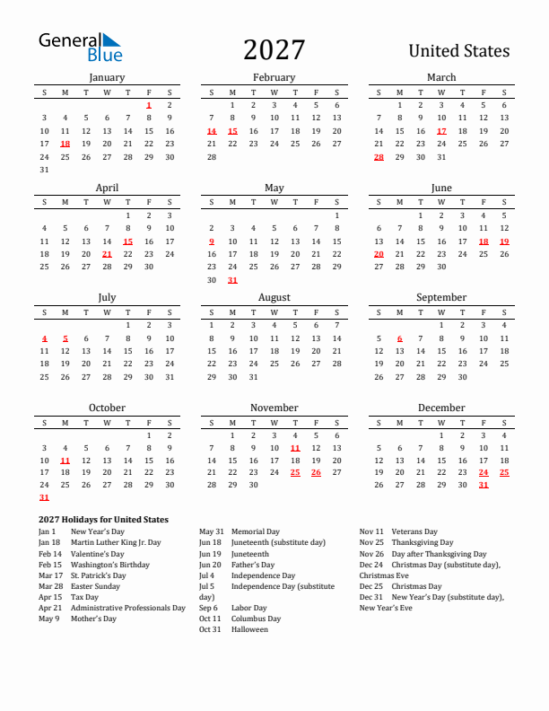 United States Holidays Calendar for 2027