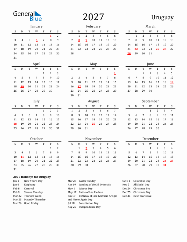 Uruguay Holidays Calendar for 2027