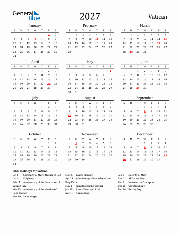 Vatican Holidays Calendar for 2027