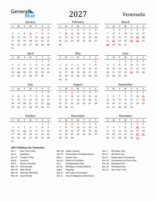Venezuela Holidays Calendar for 2027