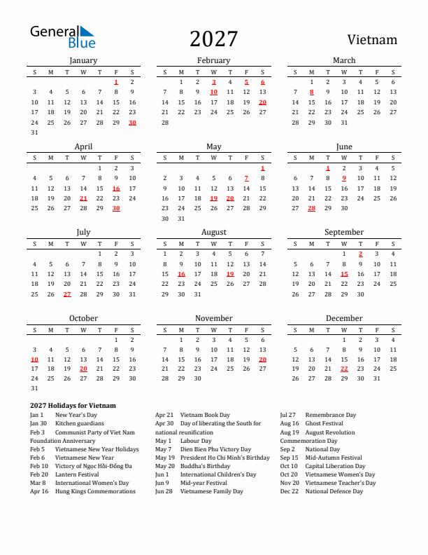 Vietnam Holidays Calendar for 2027