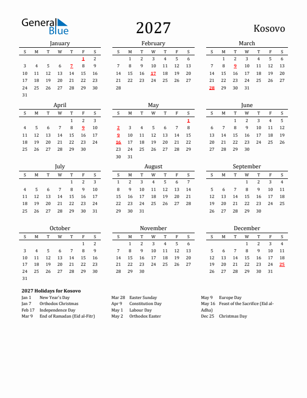 Kosovo Holidays Calendar for 2027