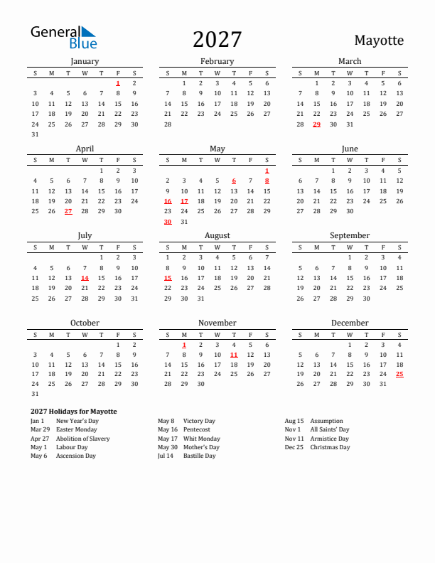 Mayotte Holidays Calendar for 2027