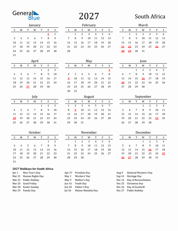 South Africa Holidays Calendar for 2027