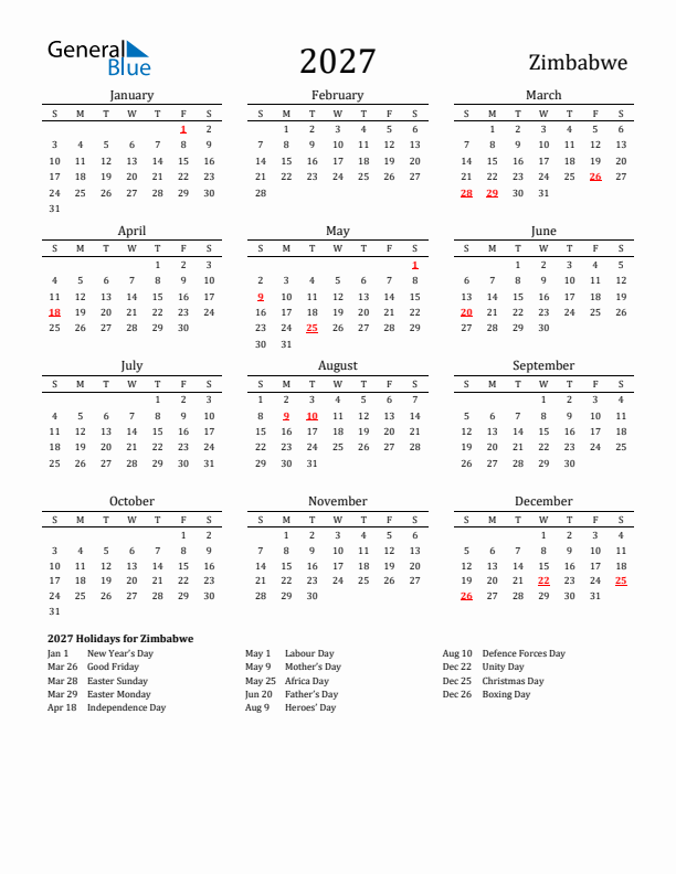 Zimbabwe Holidays Calendar for 2027