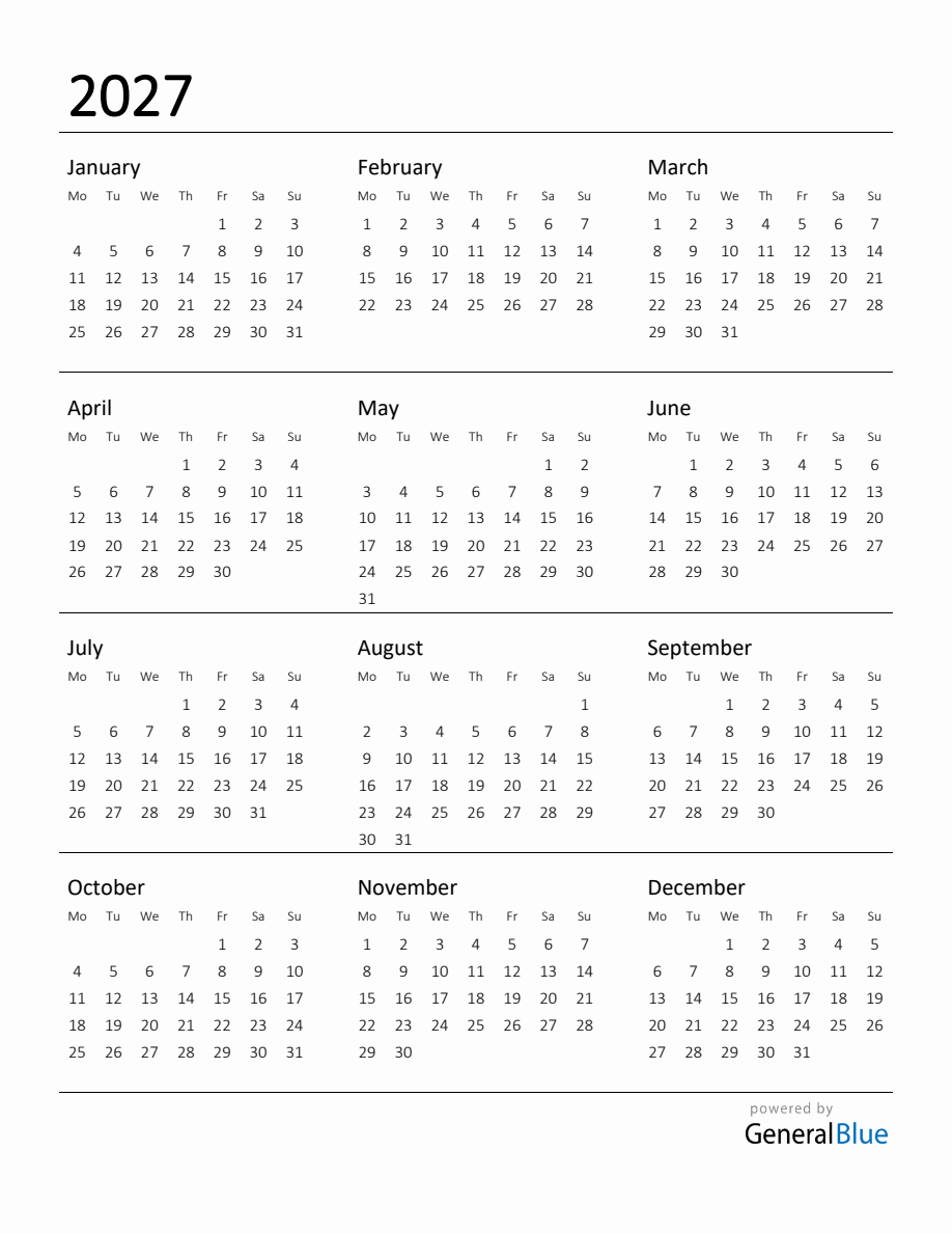 Printable Calendar for 2027