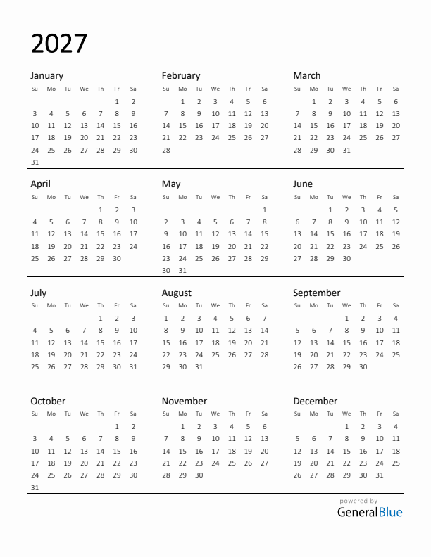 Printable Calendar for 2027
