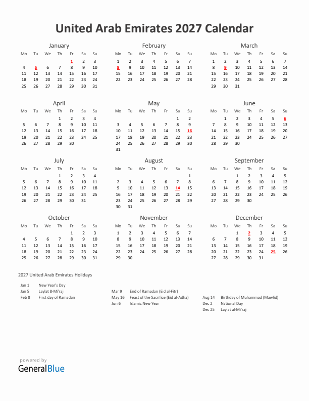 2027 Yearly Calendar Printable With United Arab Emirates Holidays