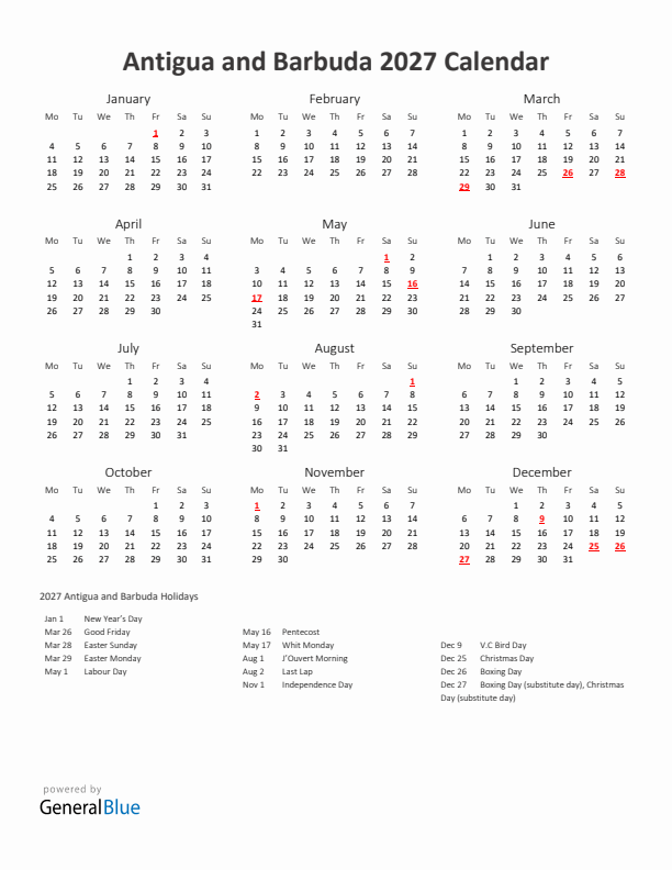 2027 Yearly Calendar Printable With Antigua and Barbuda Holidays