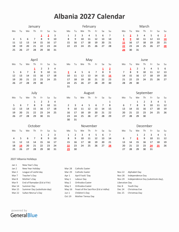 2027 Yearly Calendar Printable With Albania Holidays
