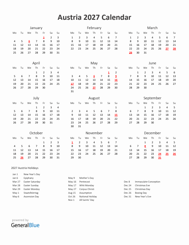 2027 Yearly Calendar Printable With Austria Holidays