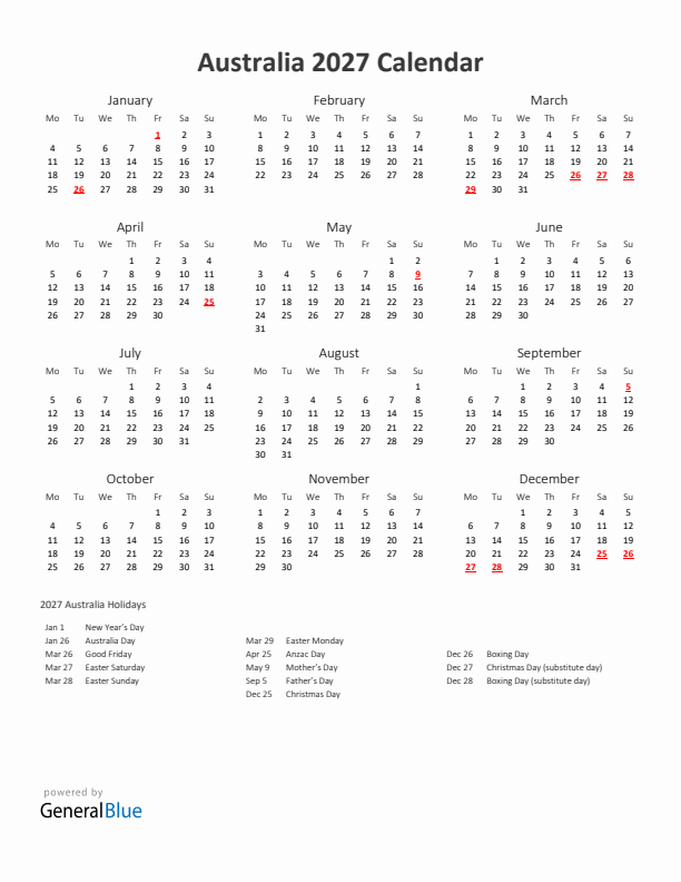 2027 Yearly Calendar Printable With Australia Holidays