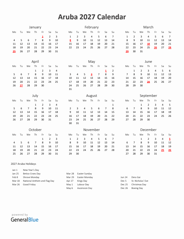 2027 Yearly Calendar Printable With Aruba Holidays
