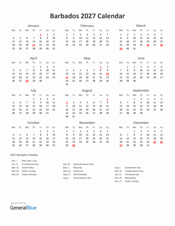 2027 Yearly Calendar Printable With Barbados Holidays