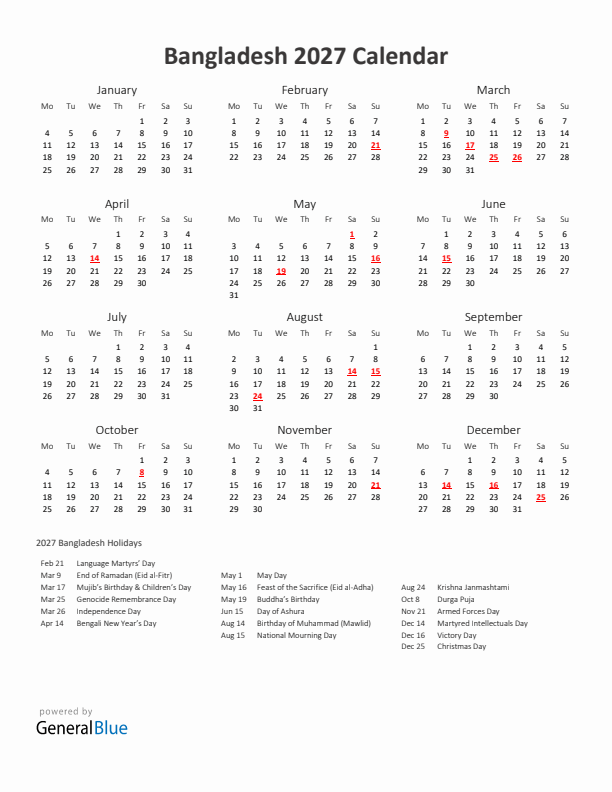 2027 Yearly Calendar Printable With Bangladesh Holidays