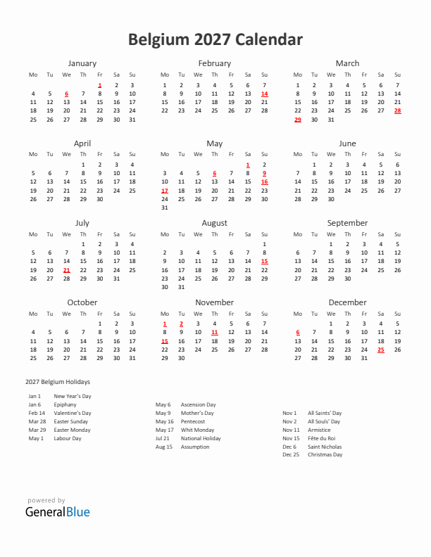 2027 Yearly Calendar Printable With Belgium Holidays