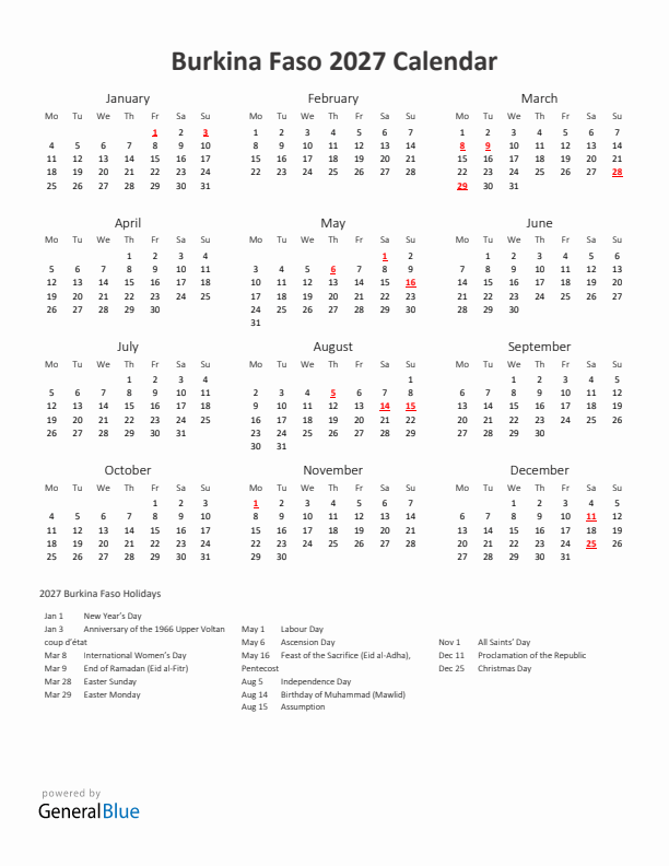 2027 Yearly Calendar Printable With Burkina Faso Holidays