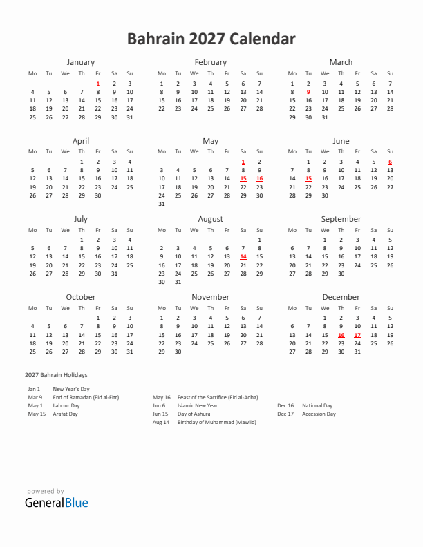 2027 Yearly Calendar Printable With Bahrain Holidays