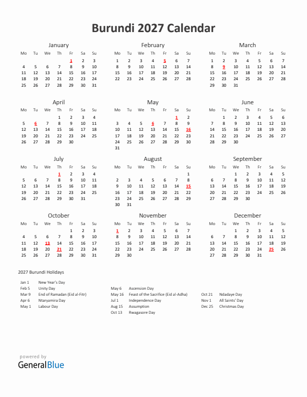 2027 Yearly Calendar Printable With Burundi Holidays
