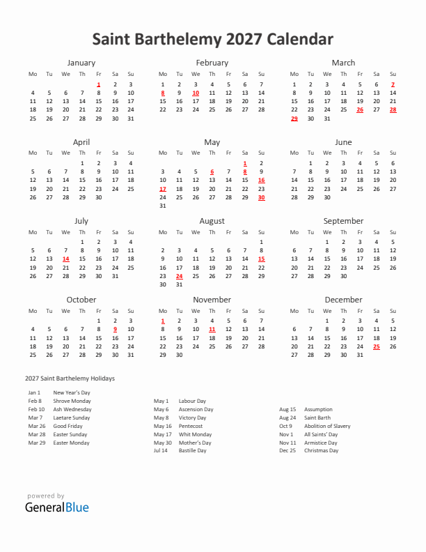 2027 Yearly Calendar Printable With Saint Barthelemy Holidays