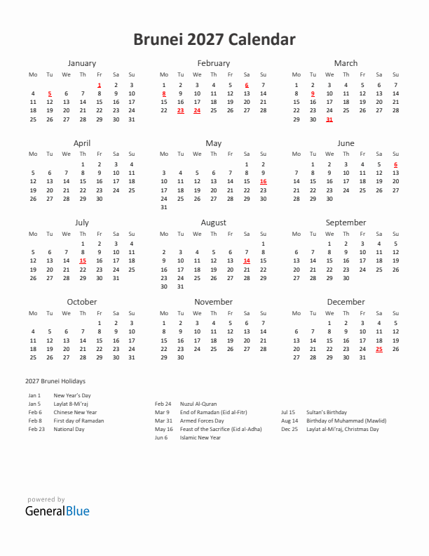 2027 Yearly Calendar Printable With Brunei Holidays
