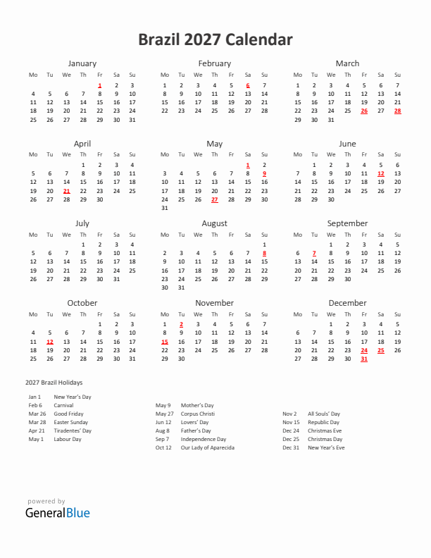 2027 Yearly Calendar Printable With Brazil Holidays