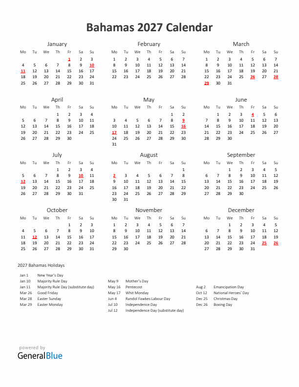 2027 Yearly Calendar Printable With Bahamas Holidays