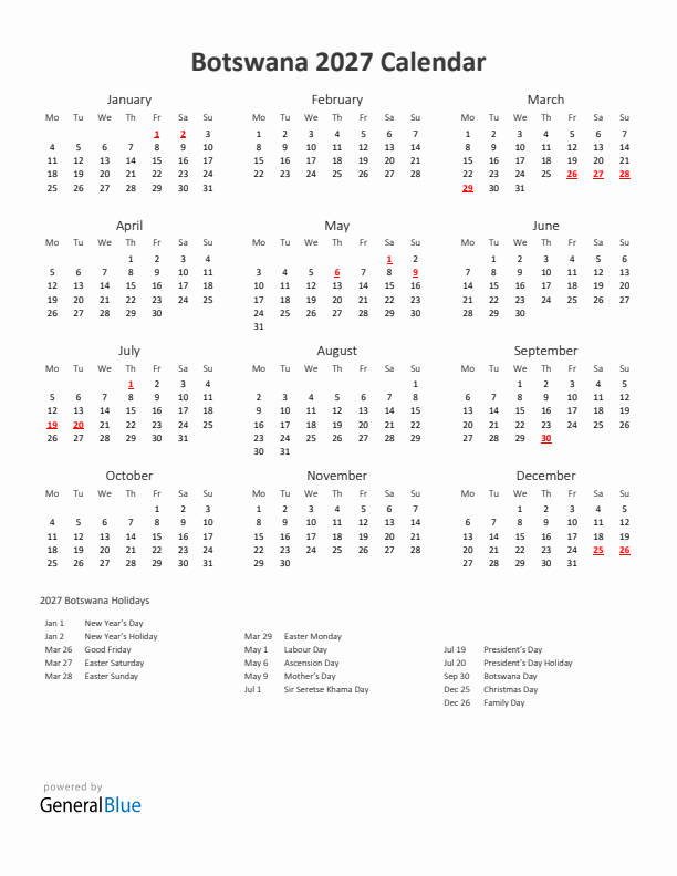 2027 Yearly Calendar Printable With Botswana Holidays