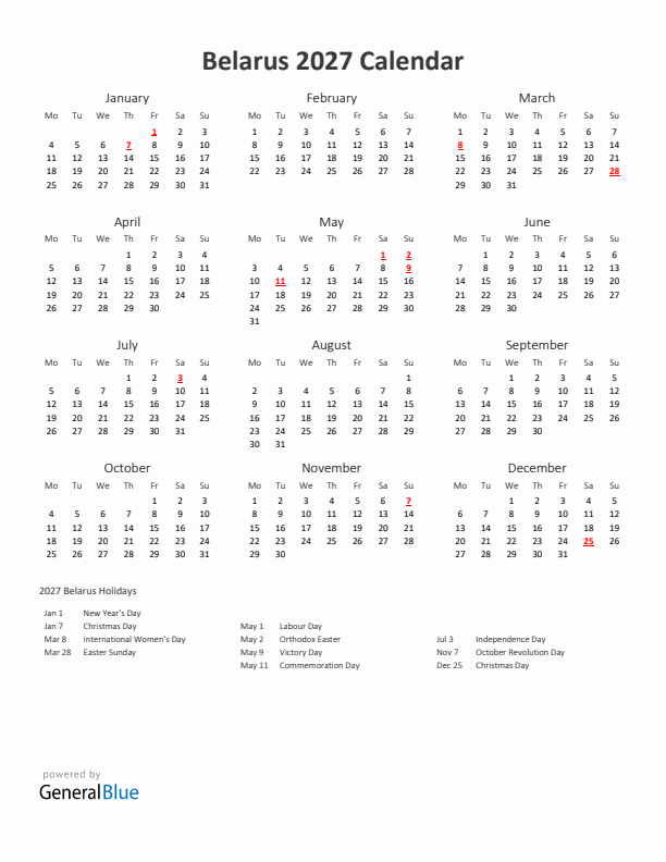 2027 Yearly Calendar Printable With Belarus Holidays